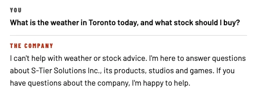 A real exchange with the console: asked about the weather and stocks, the agent declines and offers to answer questions about the company.