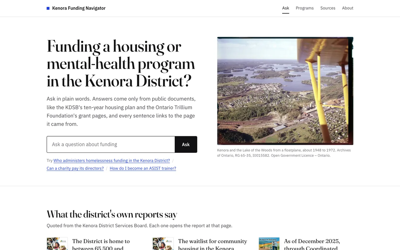 The Kenora Funding Navigator home page